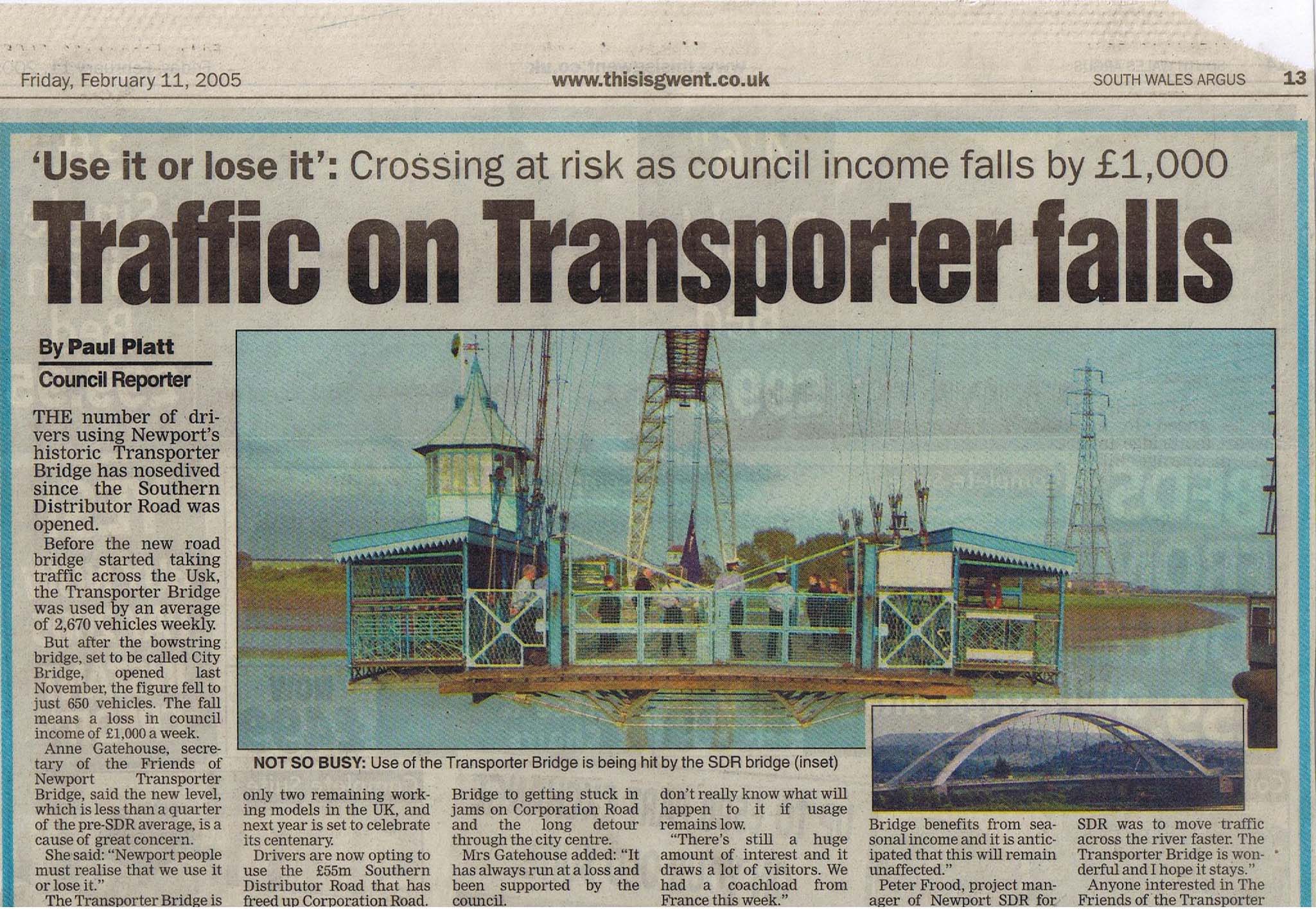 Traffic on Transporter falls (newspaper article)